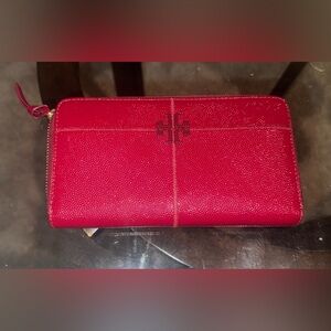 Tory Burch Bright Red Textured Zip Wallet